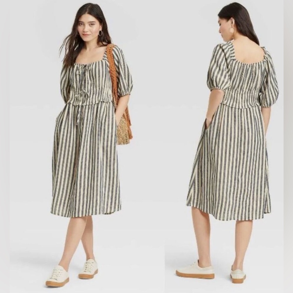 Universal Thread Blue Cream Striped Linen Blend Puff Sleeve Midi Dress XL